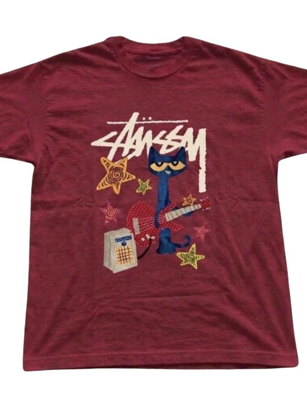 Gildan Burgundy Short-Sleeve Tee with Blue Cat & Red Guitar Graphic